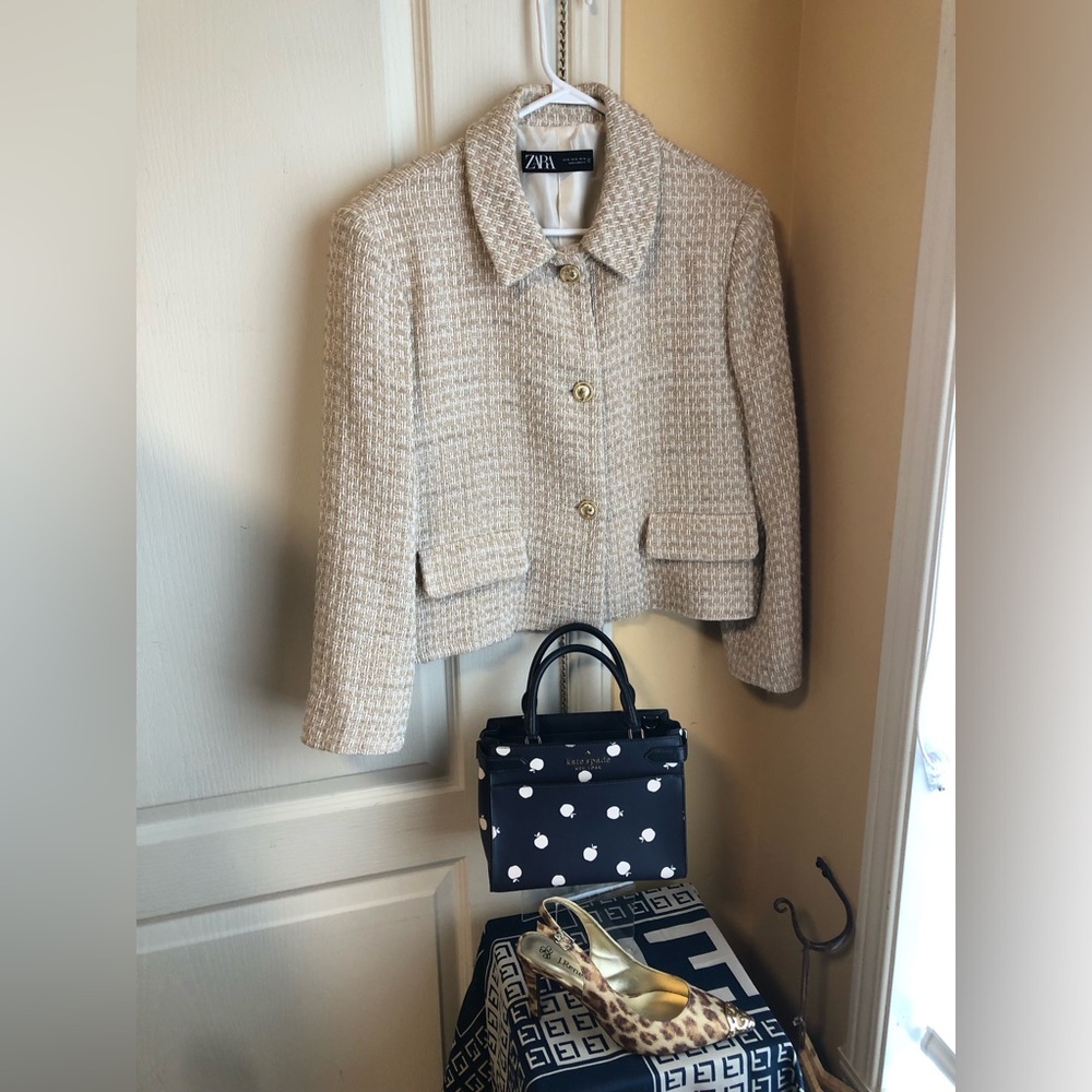 Zara Cream Tweed Cropped Blazer Jacket